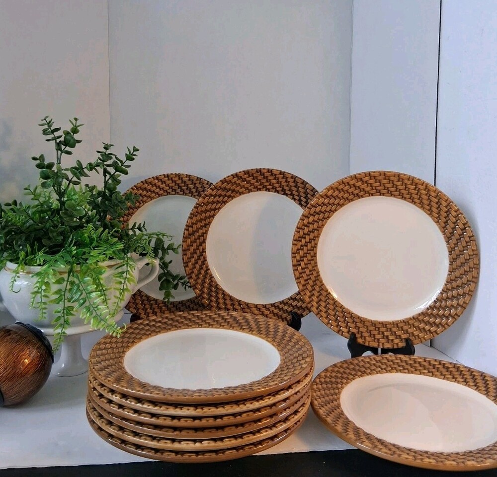 Sasaki Nantucket Dinner Plates Set of 6, White with Basketweave Rim